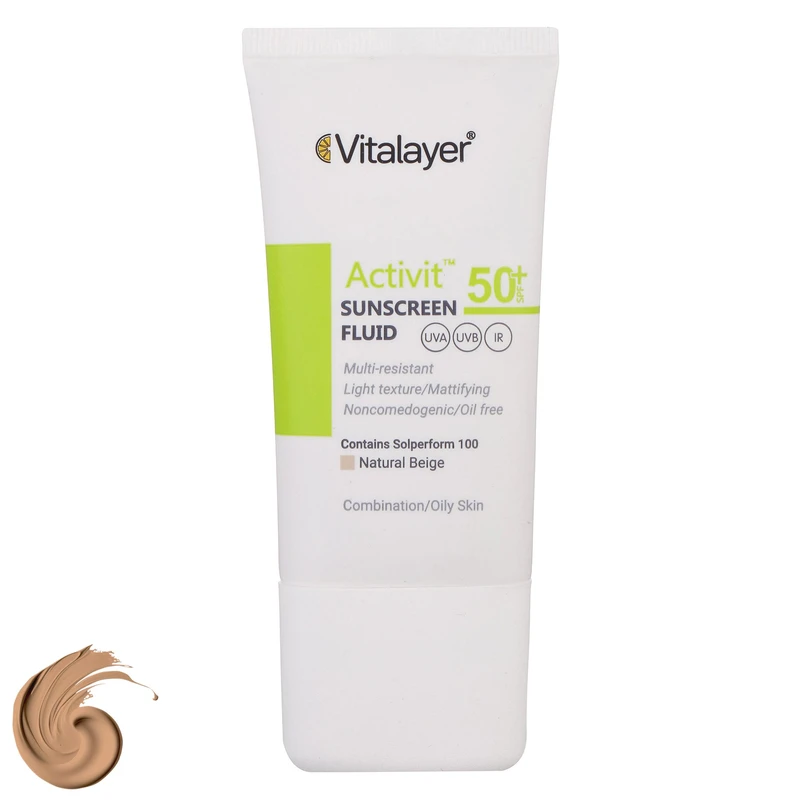 فلوئید ضدآفتاب رنگی ویتالیر مدل Activit SPF 50 مناسب پوست چرب و مختلط