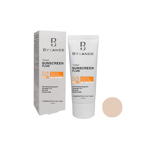 فلوئید ضد آفتاب رنگی بیزانس مناسب پوست‌ چرب و مختلط SPF50 بژ روشن شماره 10